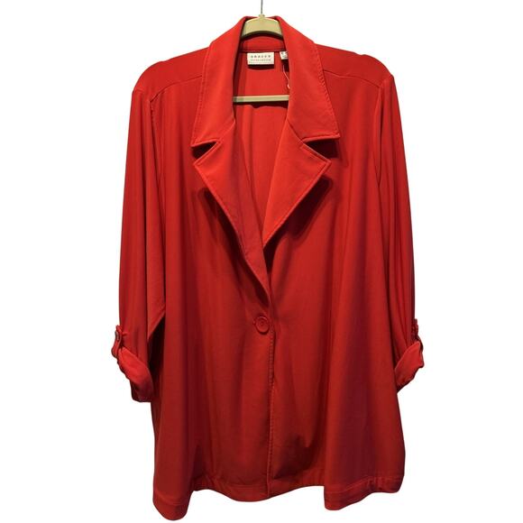 SUSAN GRAVER Woman 2x Red Jersey Knit Blazer Roll Tab Sleeves 1 Button Holiday - Picture 1 of 14